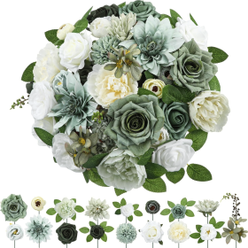 Hoteam 2 Bundles Artificial Flowers Combo Silk Mix Purple Fake Flowers with Stems Roses Chrysanthemum Dahlia Greenery Combo Set for DIY Wedding B (Color: Green)